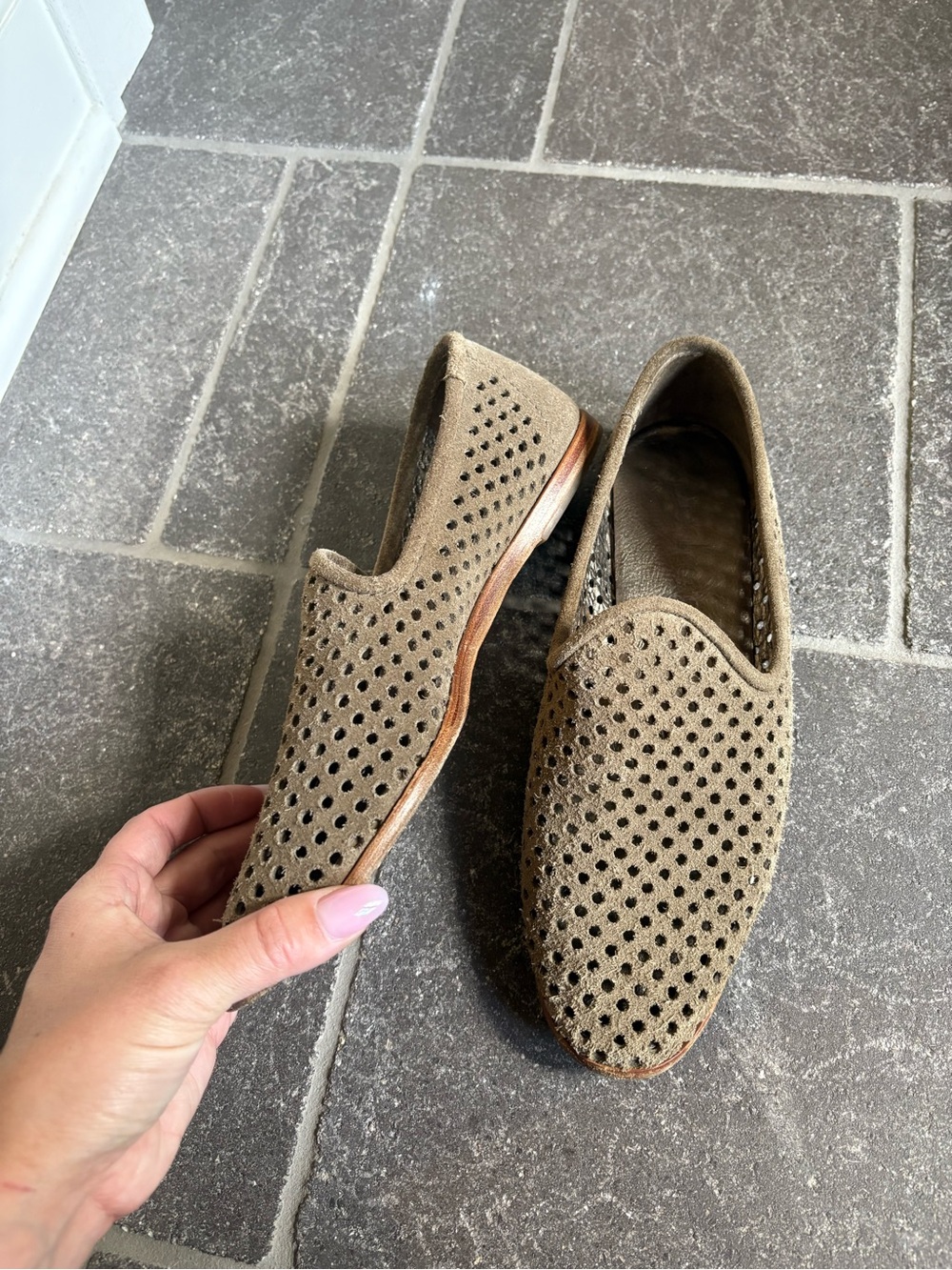 Pedro Garcia Perforated Suede Slip-On Loafers in Taupe - Picture 2 of 4
